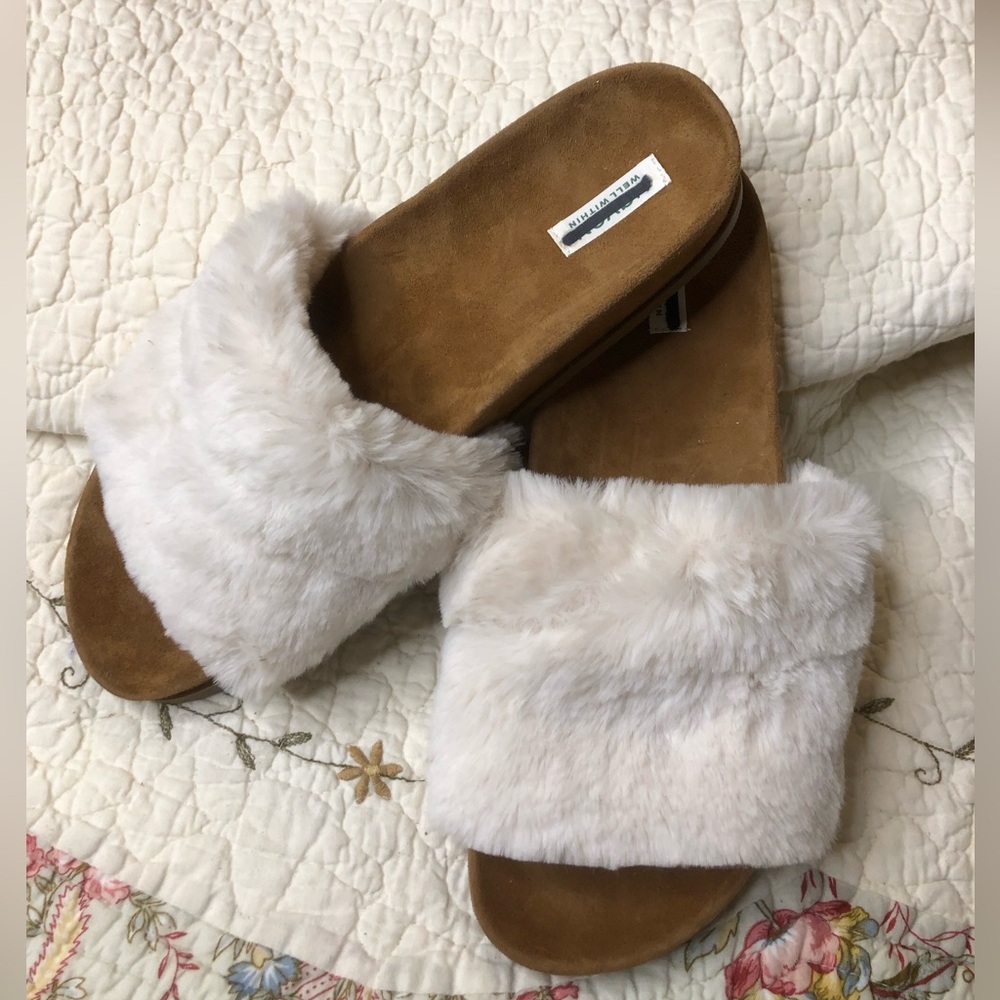 Haven Furry Slide Sandals in Brown with White Fur Trim